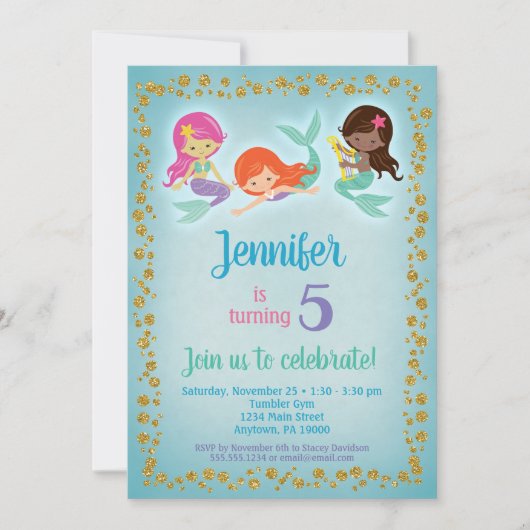 Mermaid Birthday Invitation - Mädchen ethnisch Einladung (Vorderseite)