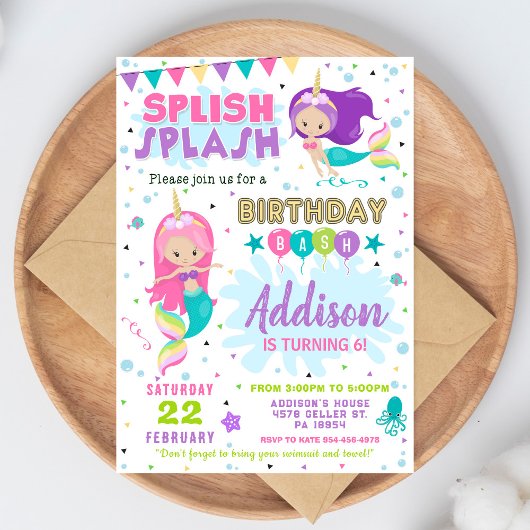 Mermaid Birthday Invitation Splish Splash Invite Einladung