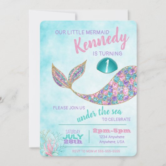 Mermaid Birthday Invitation, Under Sea Party Einladung (Vorderseite)