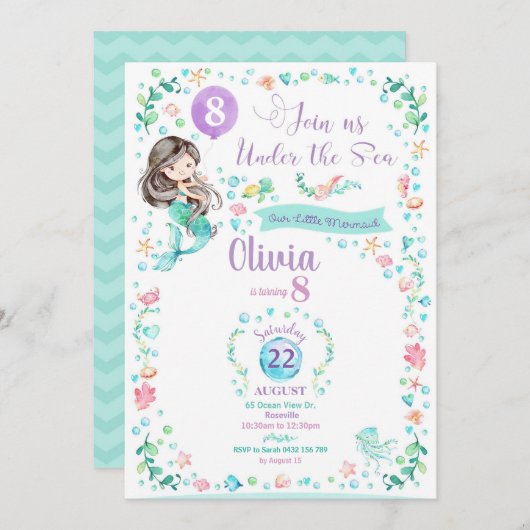 Mermaid Birthday Invitations Mermaid Party Girls Einladung (Vorne/Hinten)