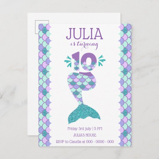 Mermaid Birthday Mermaid Nummer 10 Einladungspostkarte (Vorne/Hinten)