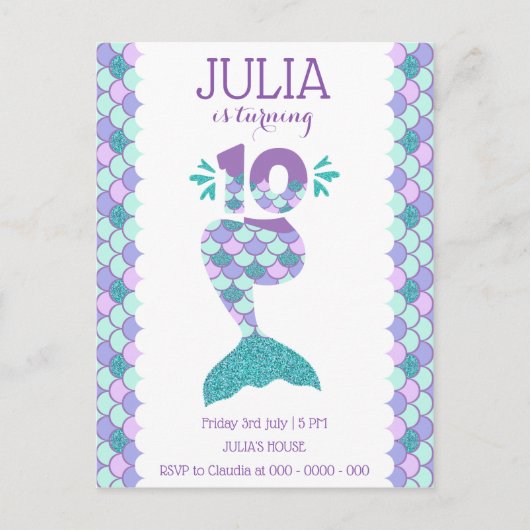 Mermaid Birthday Mermaid Nummer 10 Einladungspostkarte (Vorderseite)