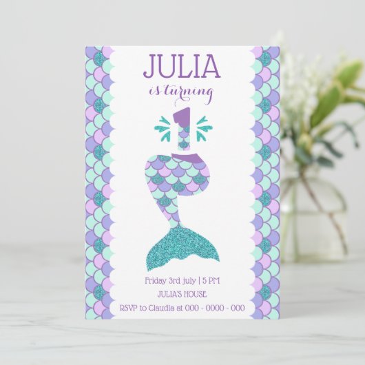Mermaid Birthday Mermaid Nummer 1 Einladung (Stehend Vorderseite)