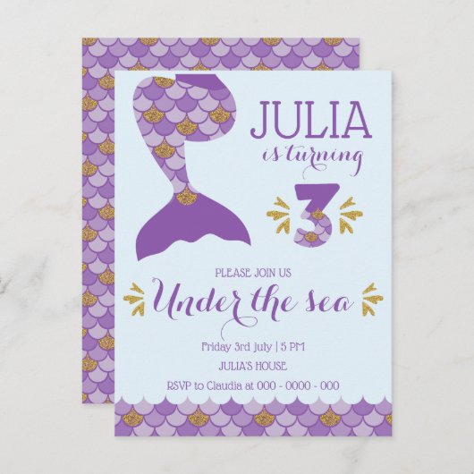 Mermaid Birthday Mermaid Nummer 3 Einladungspostkarte (Vorne/Hinten)