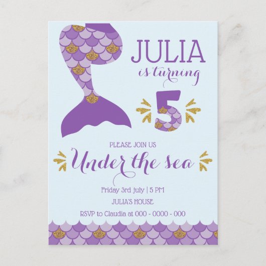 Mermaid Birthday Mermaid Nummer 5 Einladungspostkarte (Vorderseite)