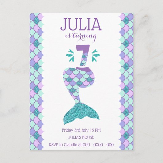 Mermaid Birthday Mermaid Nummer 7 Einladungspostkarte (Vorderseite)