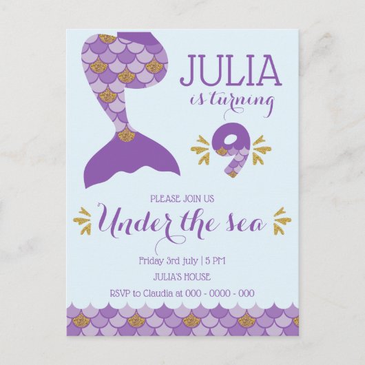 Mermaid Birthday Mermaid Nummer 9 Einladungspostkarte (Vorderseite)