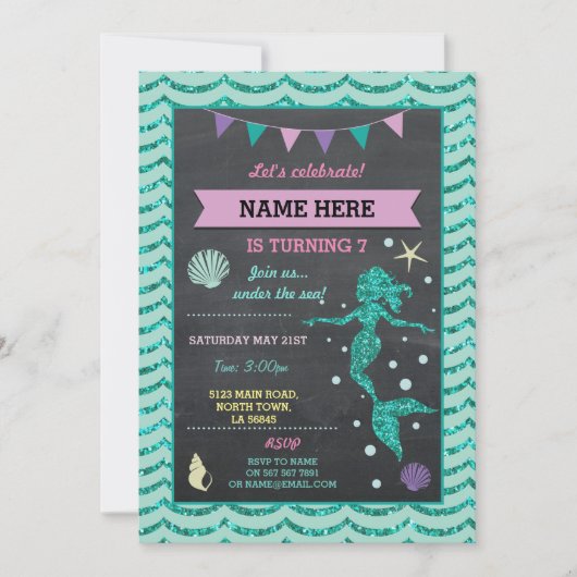 Mermaid Birthday Party Aquamarines Button Glitzer  Einladung (Vorderseite)