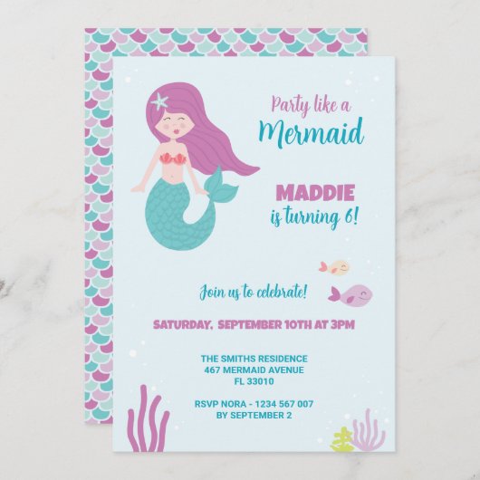 Mermaid Birthday Party Einladung (Vorne/Hinten)