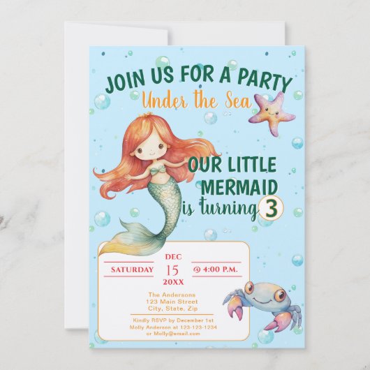 Mermaid Birthday Party Einladung (Vorderseite)