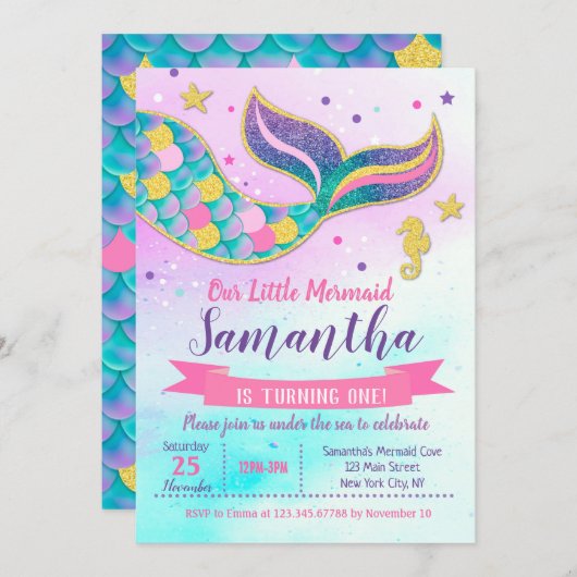 Mermaid Birthday Party Einladungen (Vorne/Hinten)