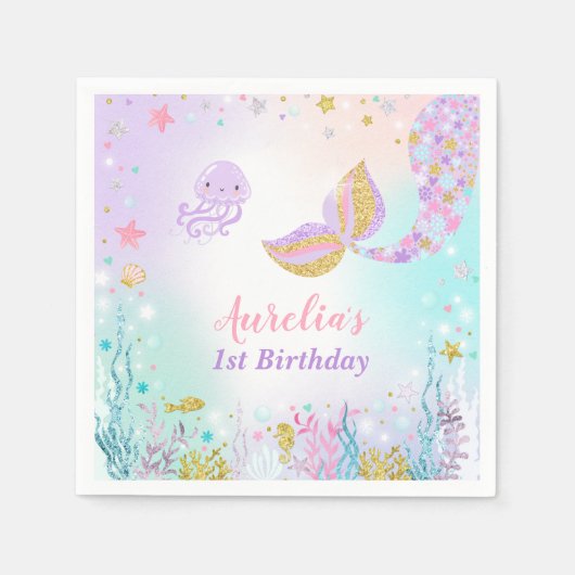 Mermaid Birthday Party Napkin Whimsical Meerjungfr Serviette (Vorderseite)