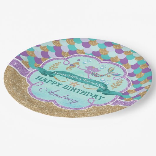 Mermaid Birthday Party Personalisiert Paper Plate Pappteller (Schrägansicht)