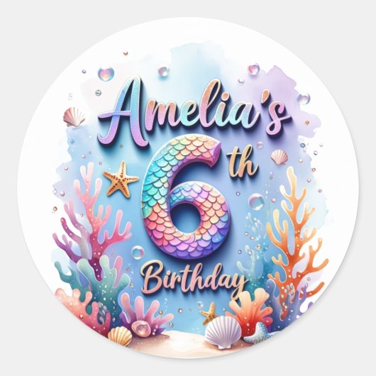 Mermaid Birthday Party Sticker – Custom Name & Age (Vorderseite)