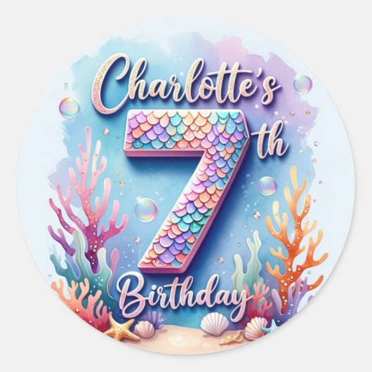 Mermaid Birthday Party Sticker – Custom Name & Age (Vorderseite)