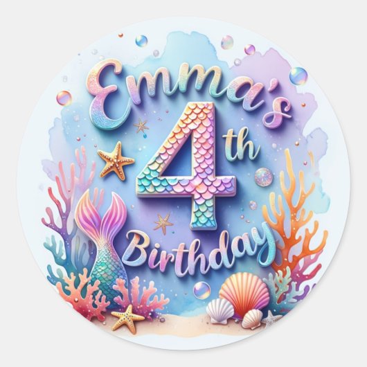 Mermaid Birthday Party Sticker – Custom Name & Age (Vorderseite)