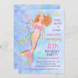 Mermaid Birthday Party Under Sea Beach Redhead Einladung