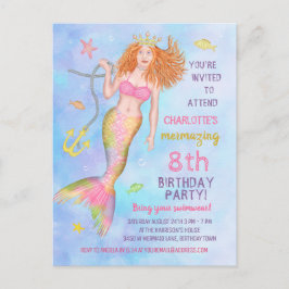 Mermaid Birthday Party Under Sea Beach Redhead Einladungspostkarte