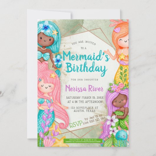 Mermaid Birthday Thema Niedlich Cartoon Mermaids Einladung (Vorderseite)