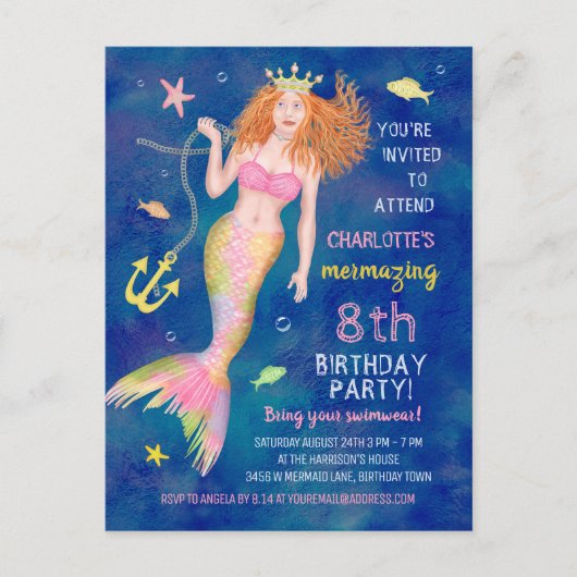 Mermaid Birthday Under Sea Redhead Pool Party Einladungspostkarte (Vorderseite)