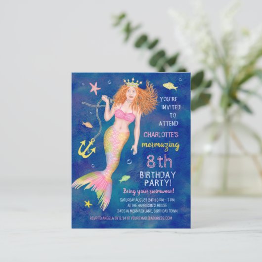 Mermaid Birthday Under Sea Redhead Pool Party Einladungspostkarte (Stehend Vorderseite)