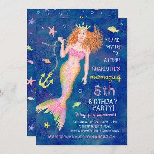 Mermaid Birthday Unter dem Meeresschildkröten Pool Einladung (Vorne/Hinten)