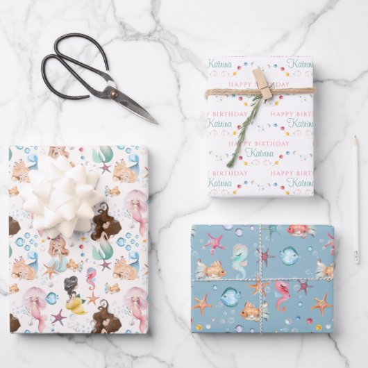 Mermaid Birthday Wrapping Paper Sheets Geschenkpapier Set (Vorderseite)