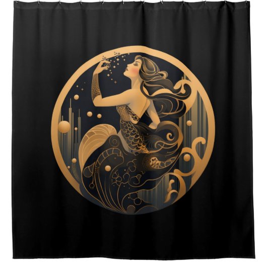Mermaid Black and Gold Art Deco Duschvorhang (Vorderseite)