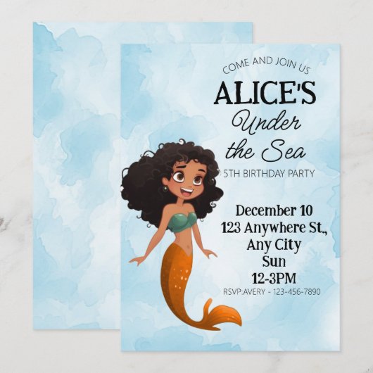 Mermaid Black Birthday Einladung Vorlage (Vorne/Hinten)