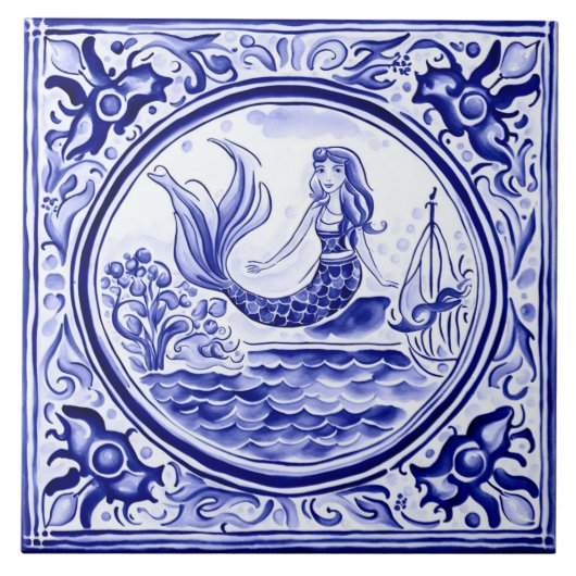 Mermaid Blue and White Mediterranean Folk Art Fliese (Vorderseite)