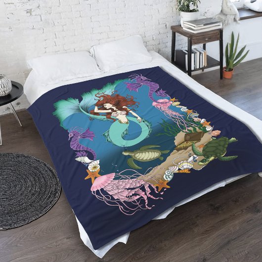 Mermaid Blue Fantasy Friends. Fleecedecke