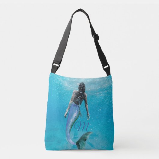 Mermaid Blue Ocean Summer Modern Monogram Tragetaschen Mit Langen Trägern (Vorderseite)