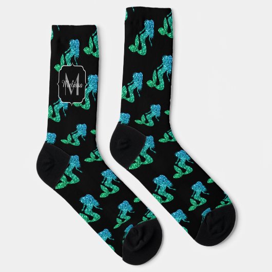 Mermaid blue ombre Glitzern pattern Monogram Socken (Rechts)