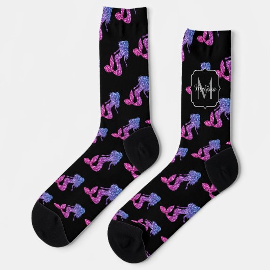 Mermaid Blue Pink ombre Glitzern muster Monogram Socken (Linkes Detail)