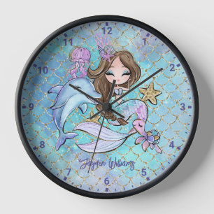 Mermaid Braun Haar Custom Girls Schlafzimmer Wand Uhr