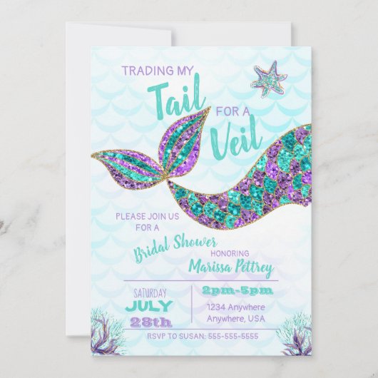 Mermaid Bridal Shower Einladung, Glitzer Einladung (Vorderseite)