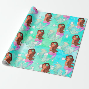 Mermaid Bubbles Blue Pink Dark Hair Bright Geschenkpapier