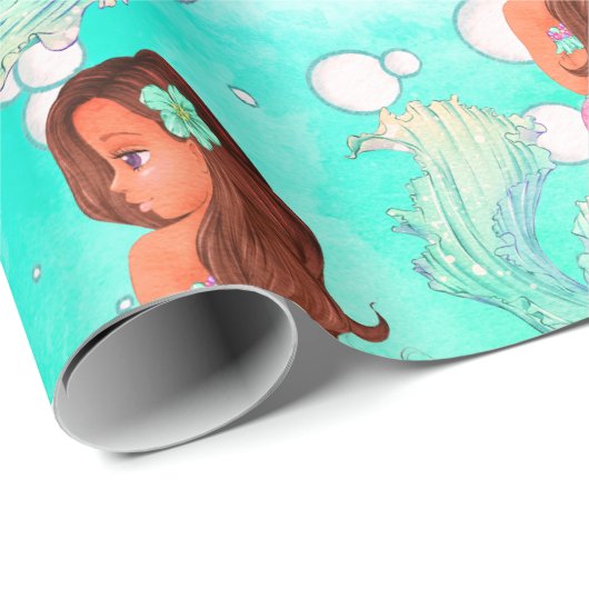 Mermaid Bubbles Blue Pink Dark Hair Bright Geschenkpapier (Rolleneckpunkt)
