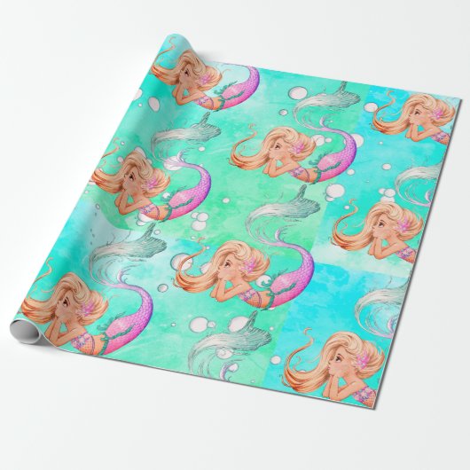 Mermaid Bubbles Bright Blue Gift Geschenkpapier (Ungerollt)