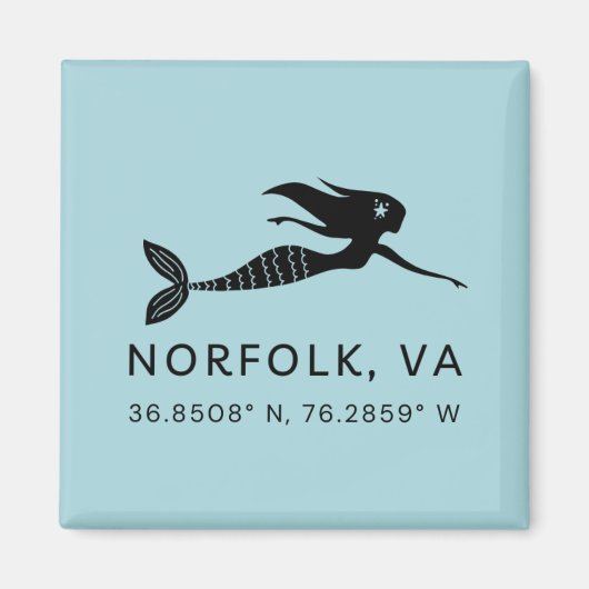 Mermaid Button Magnet - Koordinaten von Norfolk VA (Vorne)