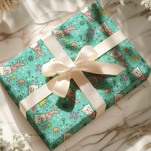 Mermaid Cat Nautical Ocean Jellyfish Niedliches Mu Geschenkpapier