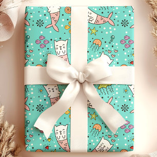 Mermaid Cat Nautical Ocean Jellyfish Niedliches Mu Geschenkpapier
