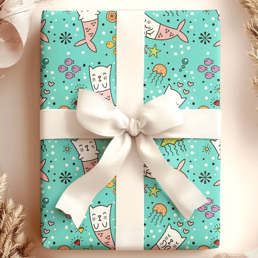 Mermaid Cat Nautical Ocean Jellyfish Niedliches Mu Geschenkpapier