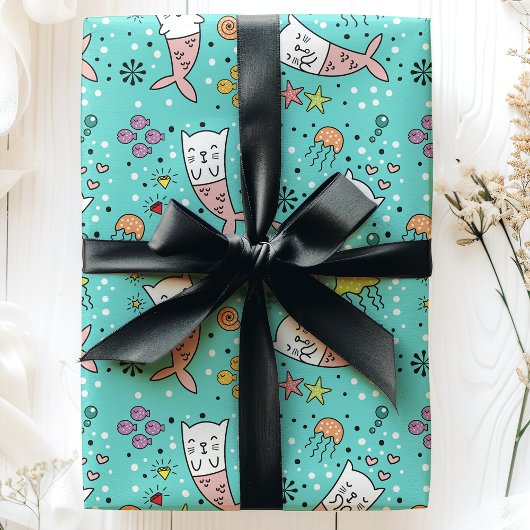 Mermaid Cat Nautical Ocean Jellyfish Niedliches Mu Geschenkpapier