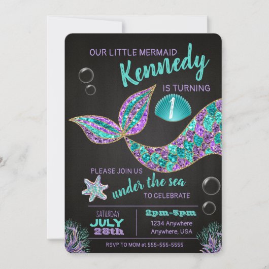 Mermaid Chalkboard Geburtstagseinladung, Glitzer Einladung (Vorderseite)