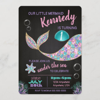 Mermaid Chalkboard Geburtstagseinladung, Glitzer Einladung