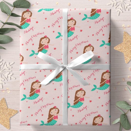 Mermaid Christmas Blues Pink Personalisiert Geschenkpapier