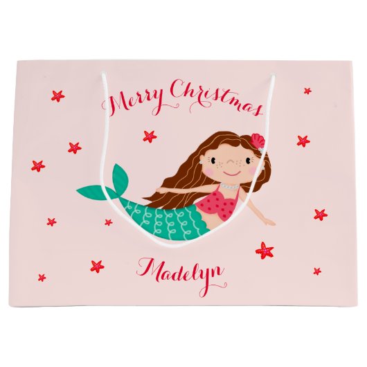 Mermaid Christmas Blues Pink Personalisiert Große Geschenktüte (Vorderseite)
