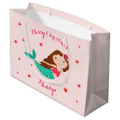 Mermaid Christmas Blues Pink Personalisiert Große Geschenktüte (Rückseite Schrägansicht)