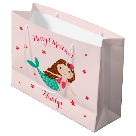 Mermaid Christmas Blues Pink Personalisiert Große Geschenktüte (Vorderseite Schrägansicht)
